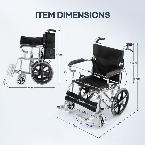 16 Inch Folding Wheelchair Mobility Disability Aid Equipment Portable Travel Lightweight Elderly Rear Hand Brakes Auswheel