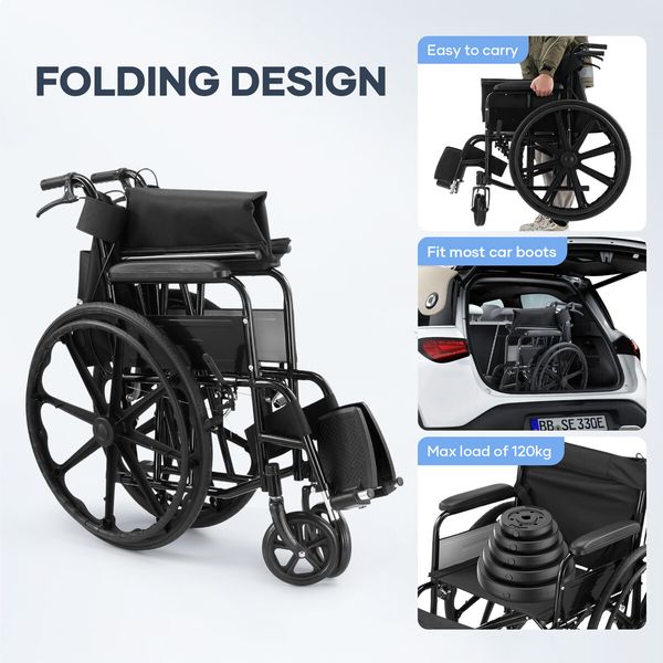 24 Inch Folding Wheelchair Mobility Disability Aid Travel Portable Lightweight Elderly Transport Equipment Rear Hand Brakes Auswheel