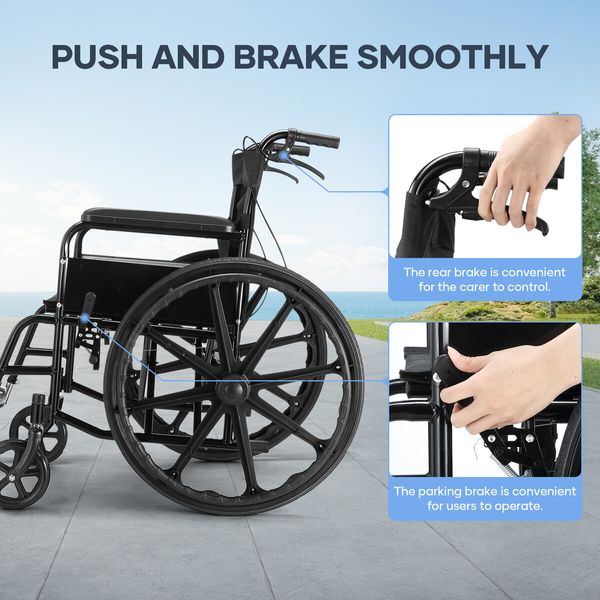 24 Inch Folding Wheelchair Mobility Disability Aid Travel Portable Lightweight Elderly Transport Equipment Rear Hand Brakes Auswheel