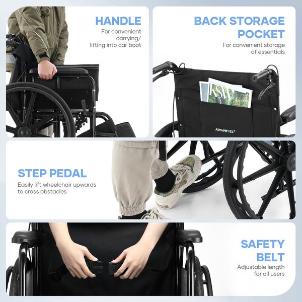 24 Inch Folding Wheelchair Mobility Disability Aid Travel Portable Lightweight Elderly Transport Equipment Rear Hand Brakes Auswheel