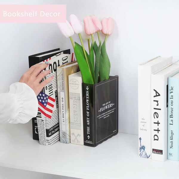 Bookend Vase for Flowers,Cute Bookshelf Decor,Unique Vase for Book Lovers Gifts,Artistic & Cultural Flavor Acrylic Flower Vase for Bedroom & Home Office Decor,A Book About Flowers (Black)