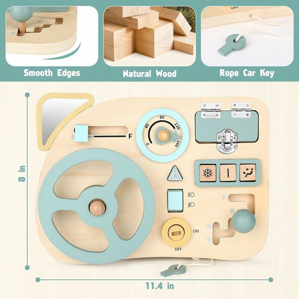 Montessori Activity Board , Wooden Sensory Board with 10 Fine Motor Skills Activity Board, Travel Toys for Boys and Girls