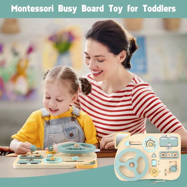 Montessori Activity Board , Wooden Sensory Board with 10 Fine Motor Skills Activity Board, Travel Toys for Boys and Girls