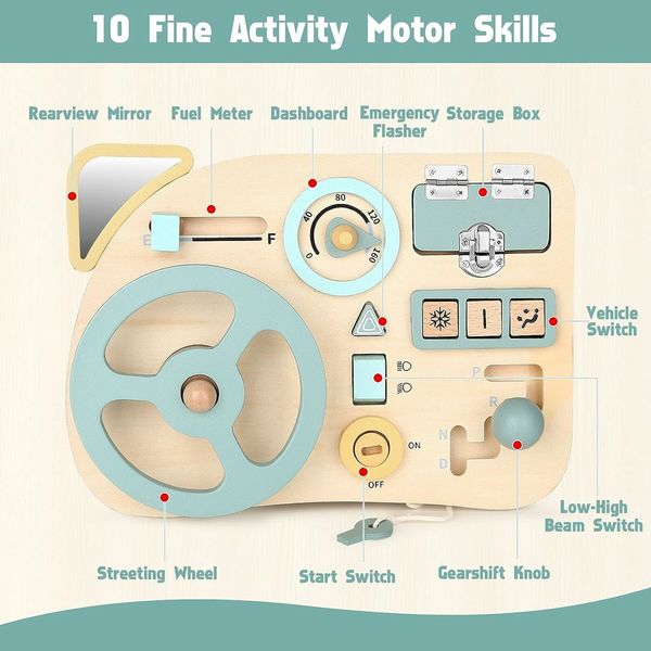 Montessori Activity Board , Wooden Sensory Board with 10 Fine Motor Skills Activity Board, Travel Toys for Boys and Girls