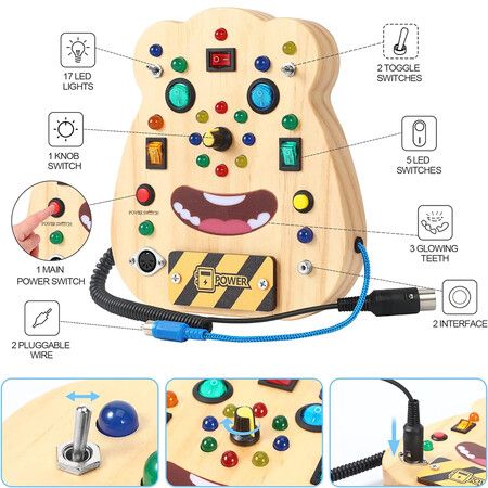 Montessori Activity Board for Kids Ages 4+, Light Switch Push Button Toys, Wooden Sensory Board