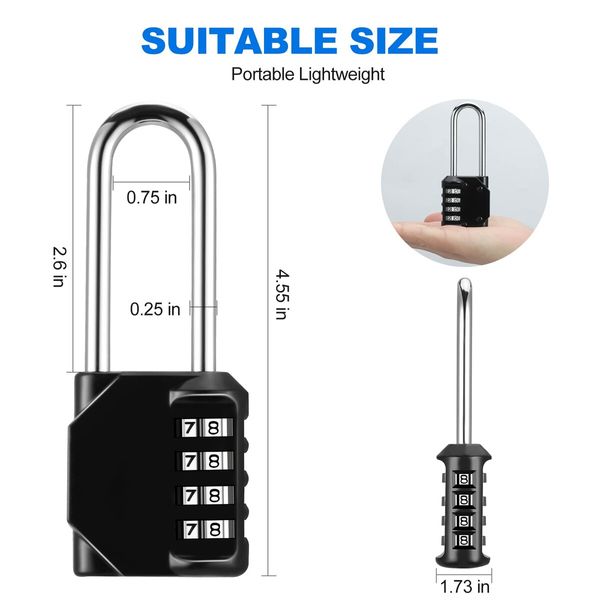 Combination Lock 4 Digit Combination Padlock for School Gym Sports Locker, Fence, Toolbox, Case, Hasp Cabinet Storage (60mm Long Shackle, 1 Pack, Black)