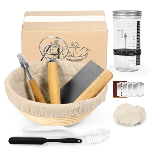 23cm Round Banneton Bread Proofing Basket Set,Sourdough Bread Baking Supplies Starter Kit, Complete Set for Bread Making with Sourdough Starter Jar