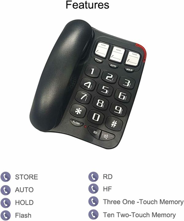 Black TCF 2300 Big Button Landline Phone Desktop Telephone Amplified Sound Perfect for Seniors and Visually Challenged Loud Ringtone Fixed Home Phone