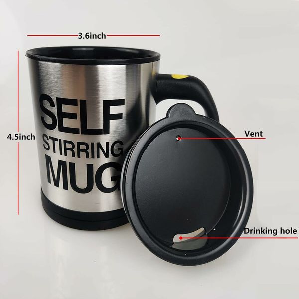 Self Stirring Coffee Mug, Stainless Steel Coffee Mug with lid Self Mixing and Spinning Home Office Travel Mixer Cup 12 to 16 OZ (Black)