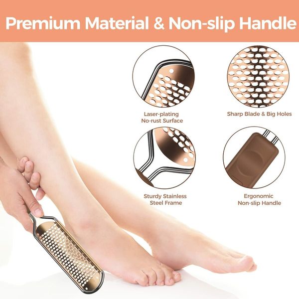 Foot File Foot Scrubber Pedicure,Callus Remover for Feet Professional Grater Rasp Foot Scraper Corns Callous Removers Cracked Dead Skin Remover for Dry and Wet Feet (Rose Golden)