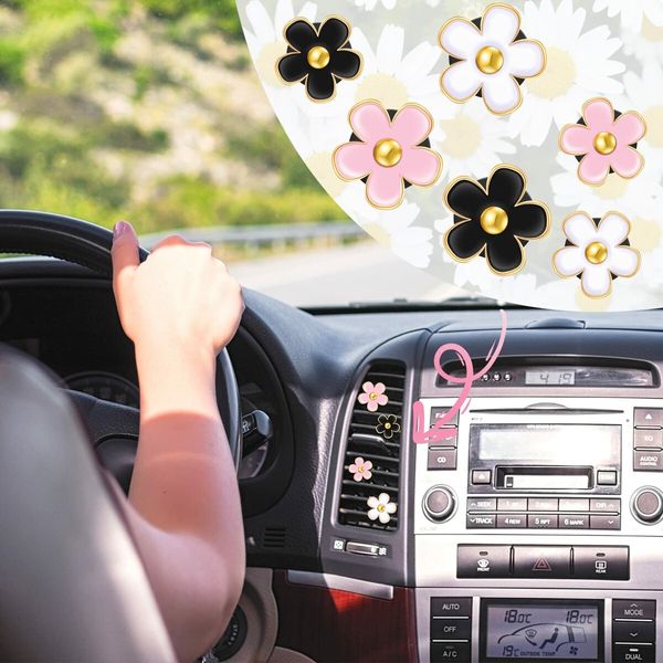 6 Pcs Daisy Flower Air Vent Clip Air Freshener Outlet Clip Car Air Conditioning Clip Charm Car Inter Decor(Black,Pink,White,3 cm,3.3 cm)