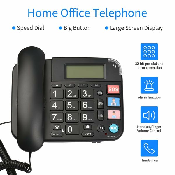 (Black)Senior Telephone Landline Phone with Hearing Aid Function, Big Button for Elderly with Backlight Display/Mute/Pause/Redial,for Alzheimer