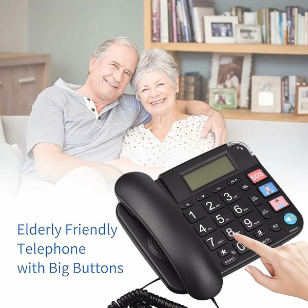 (Black)Senior Telephone Landline Phone with Hearing Aid Function, Big Button for Elderly with Backlight Display/Mute/Pause/Redial,for Alzheimer