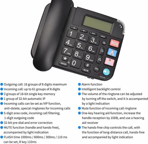 (Black)Senior Telephone Landline Phone with Hearing Aid Function, Big Button for Elderly with Backlight Display/Mute/Pause/Redial,for Alzheimer