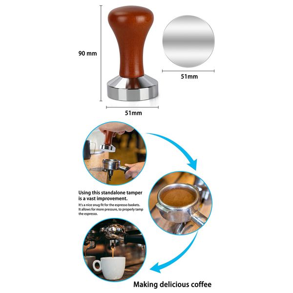 51mm Espresso Tamper-Premium Barista Coffee Tamper Stainless Steel Espresso Tamper Coffee Press Tool Tamper Espresso Handle,90x51mm,Solid wood