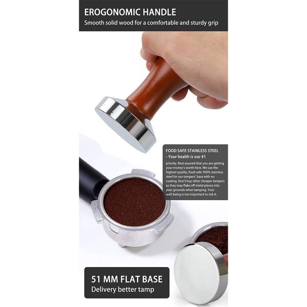 51mm Espresso Tamper-Premium Barista Coffee Tamper Stainless Steel Espresso Tamper Coffee Press Tool Tamper Espresso Handle,90x51mm,Solid wood