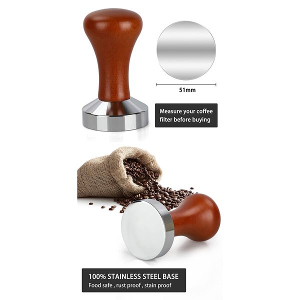 51mm Espresso Tamper-Premium Barista Coffee Tamper Stainless Steel Espresso Tamper Coffee Press Tool Tamper Espresso Handle,90x51mm,Solid wood