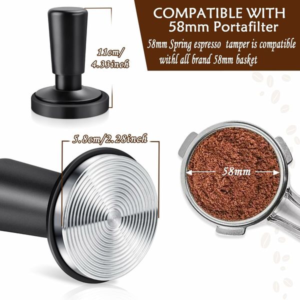 Espresso Coffee Tamper with Calibrated Spring-loaded 25lb/30lbs Replacement Springs Ripple Base Black Premium Barista Tool Anodized Aluminum (58mm)