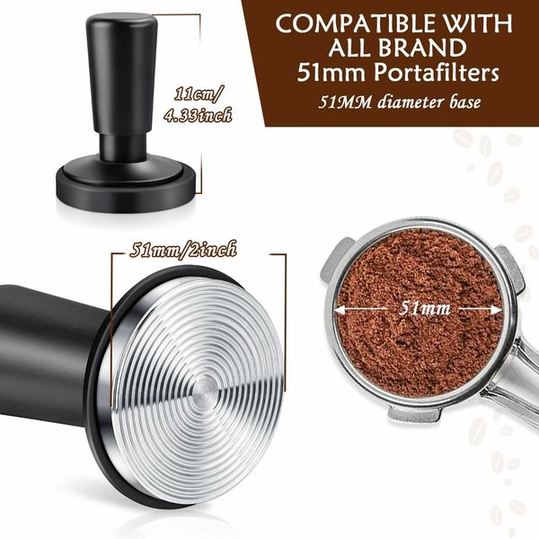 Espresso Coffee Tamper with Calibrated Spring-loaded 25lb/30lbs Replacement Springs Ripple Base Black Premium Barista Tool Anodized Aluminum (51mm)