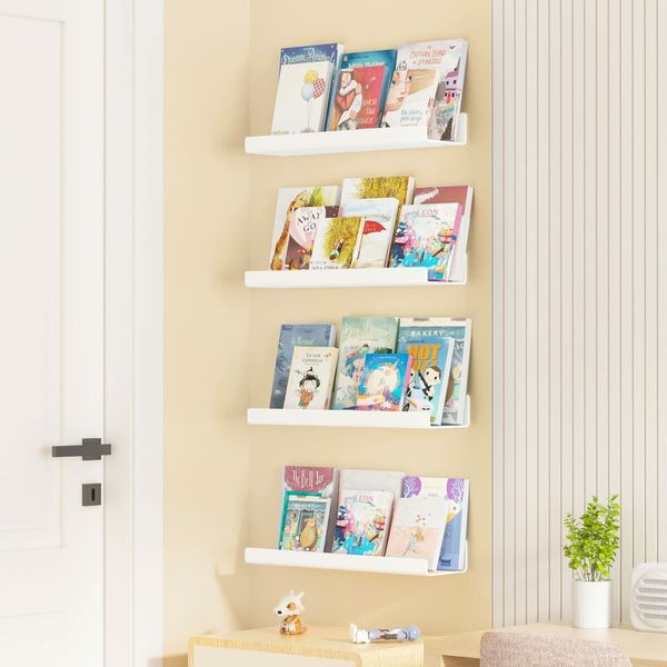 White Acrylic Shelves for Storage,15" Floating Shelves Wall Mounted for Kids Bookshelf/Display Ledge Shelves for Bedroom,Living Room,Bathroom,Kitchen,Set of 6