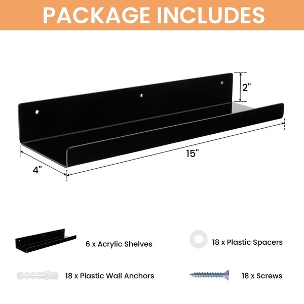 Black Acrylic Shelves for Storage,15" Floating Shelves Wall Mounted for Kids Bookshelf/Display Ledge Shelves for Bedroom,Living Room,Bathroom,Kitchen,Set of 6