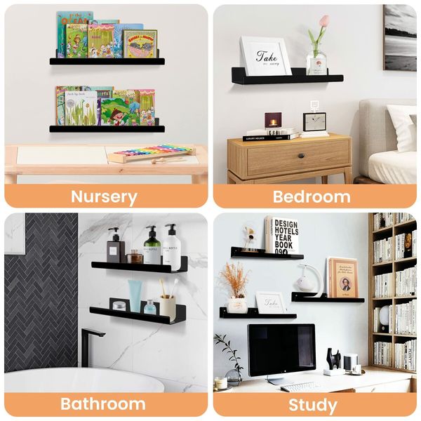 Black Acrylic Shelves for Storage,15" Floating Shelves Wall Mounted for Kids Bookshelf/Display Ledge Shelves for Bedroom,Living Room,Bathroom,Kitchen,Set of 6