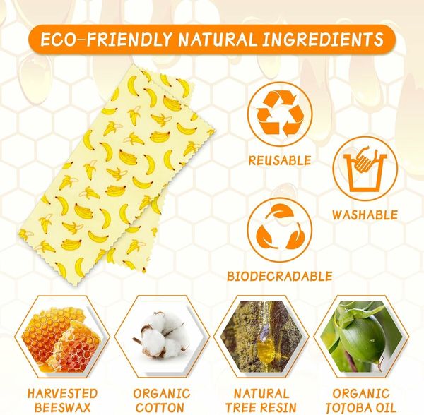 Banana Pattern - Reusable Beeswax Food Wraps, Eco Friendly Beeswax Food Wrap, Sustainable Food Storage Containers,3 Pack (S, M, L)