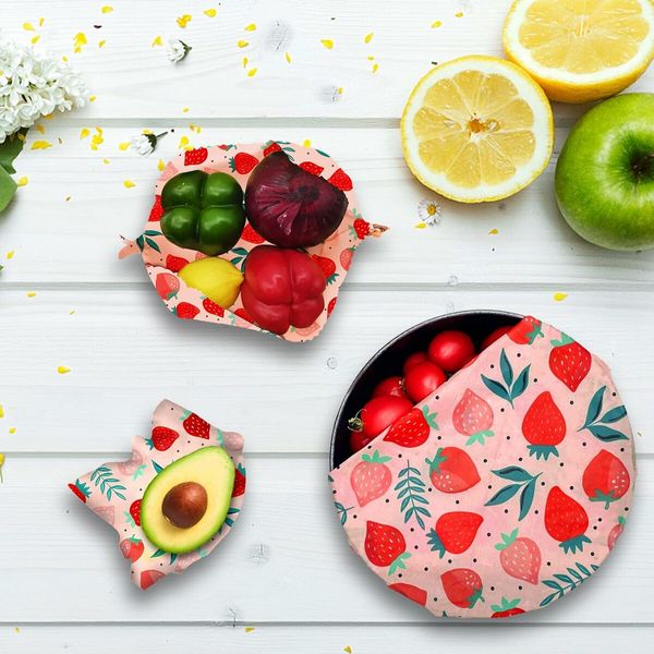 Strawberry Pattern - Reusable Beeswax Food Wraps, Eco Friendly Beeswax Food Wrap, Sustainable Food Storage Containers,3 Pack (S, M, L)