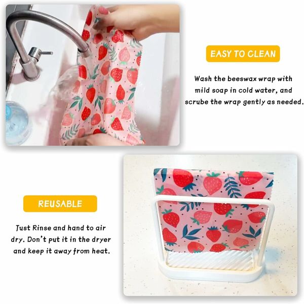 Strawberry Pattern - Reusable Beeswax Food Wraps, Eco Friendly Beeswax Food Wrap, Sustainable Food Storage Containers,3 Pack (S, M, L)