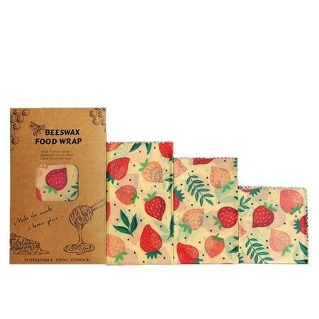 Strawberry Pattern - Reusable Beeswax Food Wraps, Eco Friendly Beeswax Food Wrap, Sustainable Food Storage Containers,3 Pack (S, M, L)