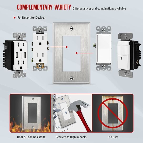 (2 Pack)Decorator Switch or Outlet Metal Wall Plate, Stainless Steel 201, Corrosion Resistant, Polished Chrome,Standard Size,Silver