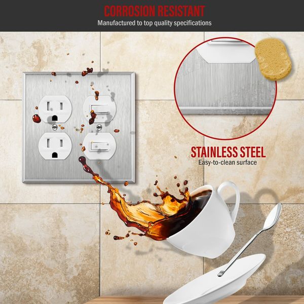 (1 Pack)Double Duplex Receptacle Metal Wall Plate, Stainless Steel Socket Outlet Switch Cover, Corrosive Resistant, Standard Size, Silver