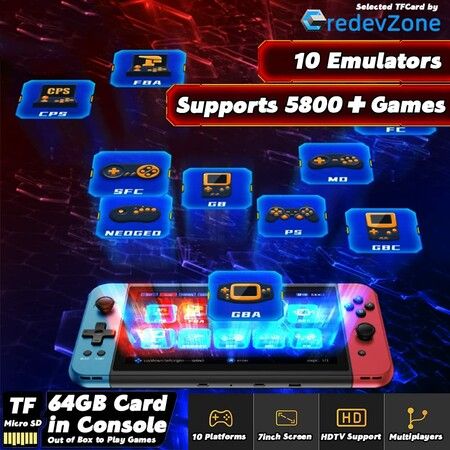 7inch Handheld Game Console Classic Video Games Pad  System 5800+ Games Built-in Rechargeable Battery Gaming Consoles 64GB Blue Red