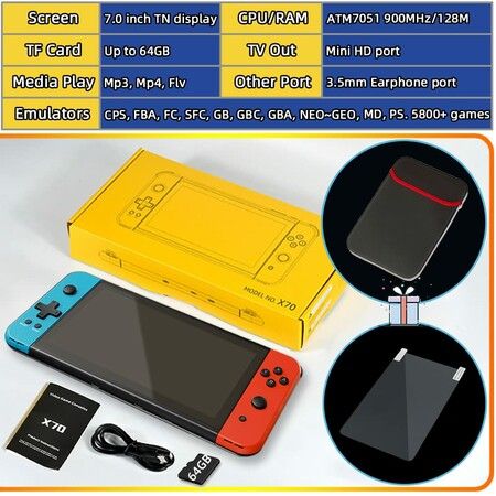 7inch Handheld Game Console Classic Video Games Pad  System 5800+ Games Built-in Rechargeable Battery Gaming Consoles 64GB Blue Red