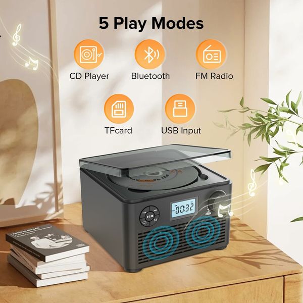 Portable CD Player Boombox with Bluetooth,CD Player with Stereo Speakers,Rechargeable Boom Box CD Player with FM Radio,Support CD/MP3,USB/TF Card,Headphone Jack