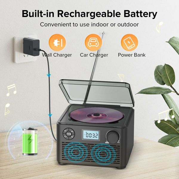 Portable CD Player Boombox with Bluetooth,CD Player with Stereo Speakers,Rechargeable Boom Box CD Player with FM Radio,Support CD/MP3,USB/TF Card,Headphone Jack