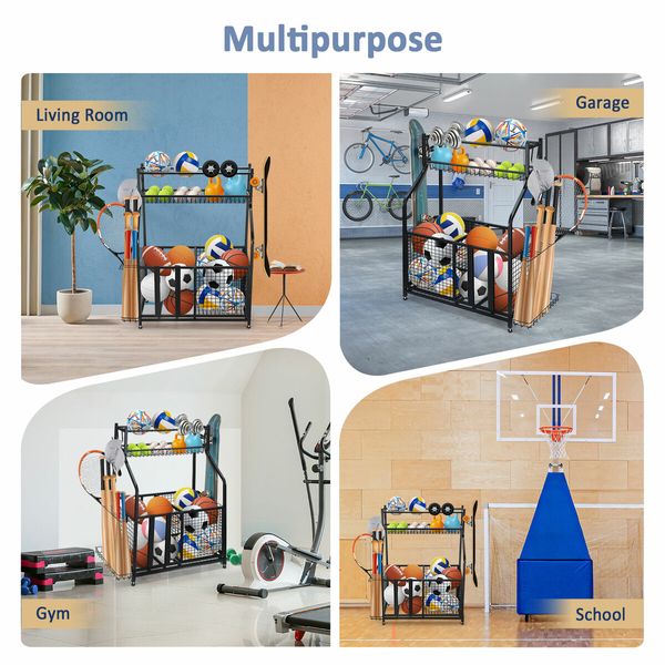 Ball Storage Rack Garage Sports Equipment Toy Organiser Utility Basketball Holder Display Stand Hooks for Home Gym Gear