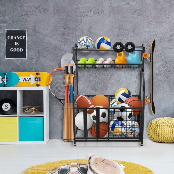 Ball Storage Rack Garage Sports Equipment Toy Organiser Utility Basketball Holder Display Stand Hooks for Home Gym Gear