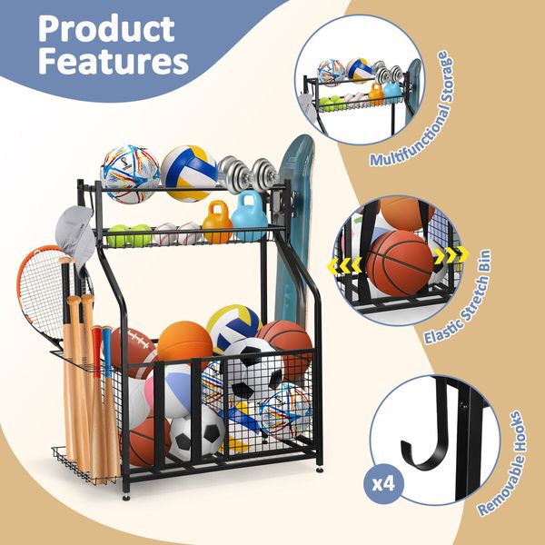 Ball Storage Rack Garage Sports Equipment Toy Organiser Utility Basketball Holder Display Stand Hooks for Home Gym Gear