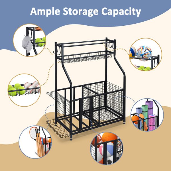 Ball Storage Rack Garage Sports Equipment Toy Organiser Utility Basketball Holder Display Stand Hooks for Home Gym Gear