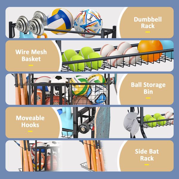 Ball Storage Rack Garage Sports Equipment Toy Organiser Utility Basketball Holder Display Stand Hooks for Home Gym Gear