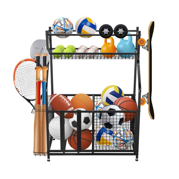 Ball Storage Rack Garage Sports Equipment Toy Organiser Utility Basketball Holder Display Stand Hooks for Home Gym Gear