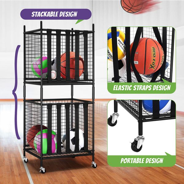 2 Pcs Sports Balls Storage Cart Rack with Elastic Straps Stackable Cage Garage Organiser for Basketball Football Kids Toy Home Gym