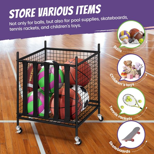 2 Pcs Sports Balls Storage Cart Rack with Elastic Straps Stackable Cage Garage Organiser for Basketball Football Kids Toy Home Gym