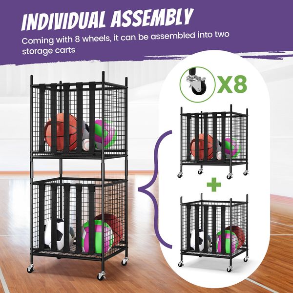 2 Pcs Sports Balls Storage Cart Rack with Elastic Straps Stackable Cage Garage Organiser for Basketball Football Kids Toy Home Gym