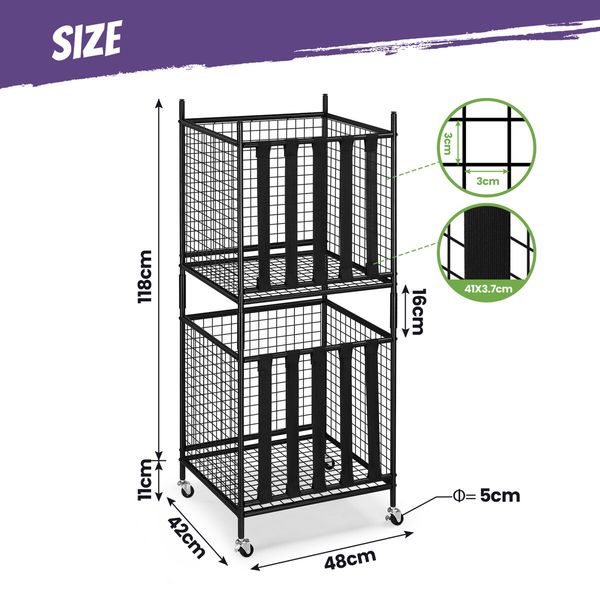 2 Pcs Sports Balls Storage Cart Rack with Elastic Straps Stackable Cage Garage Organiser for Basketball Football Kids Toy Home Gym