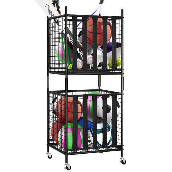 2 Pcs Sports Balls Storage Cart Rack with Elastic Straps Stackable Cage Garage Organiser for Basketball Football Kids Toy Home Gym