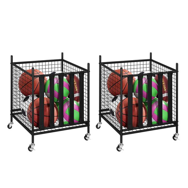 2 Pcs Sports Balls Storage Cart Rack with Elastic Straps Stackable Cage Garage Organiser for Basketball Football Kids Toy Home Gym