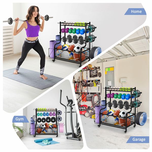 Sports Equipment Ball Storage Rack Cart Garage Organiser for Yoga Mat Dumbbell Kettlebell Home Gym Holder with Hooks Wheels