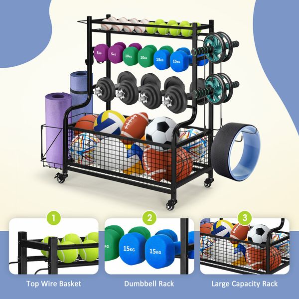 Sports Equipment Ball Storage Rack Cart Garage Organiser for Yoga Mat Dumbbell Kettlebell Home Gym Holder with Hooks Wheels